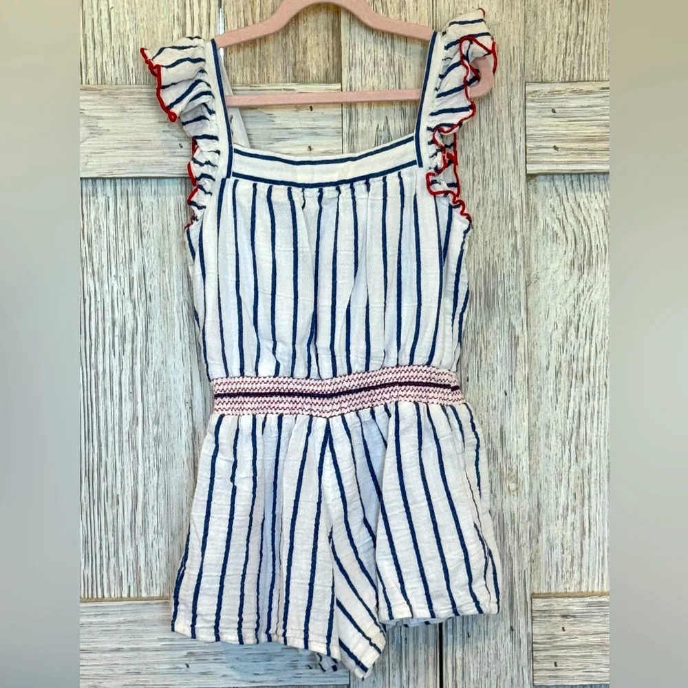 Cat & Jack Red White and Blue Striped Kids One Piece Romper sz 6/6X